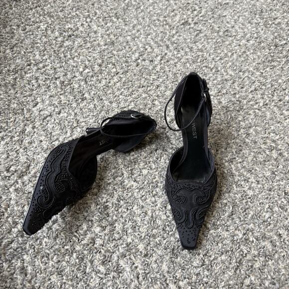 RESERVED Nine West Black Kitten Heels Pointed Toe Ankle Strap Formal  7.5 - Picture 1 of 13